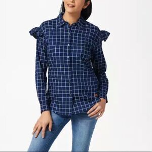 Peace Love World Plaid Printed Shirt w/ Ruffles
